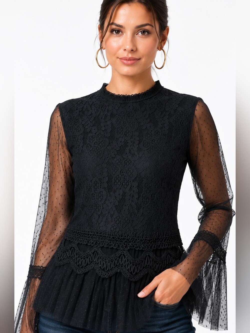 INA Black Lace Peplum Blouse Size L Sheer Bell Sleeve Victorian Gothic Top